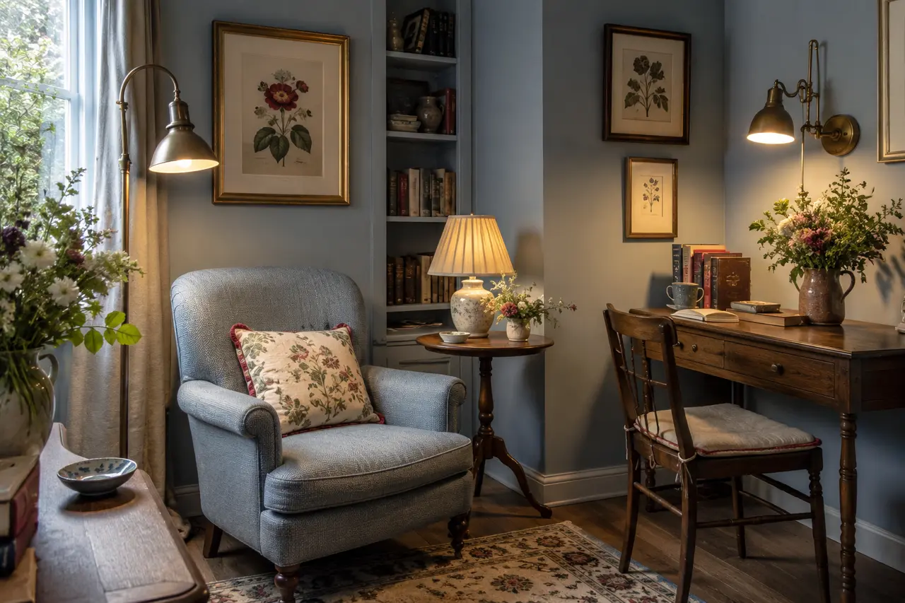 Vintage-Zimmer mit Stehleuchte, Tischleuchte und Wandleuchte auf unterschiedlichen Höhen