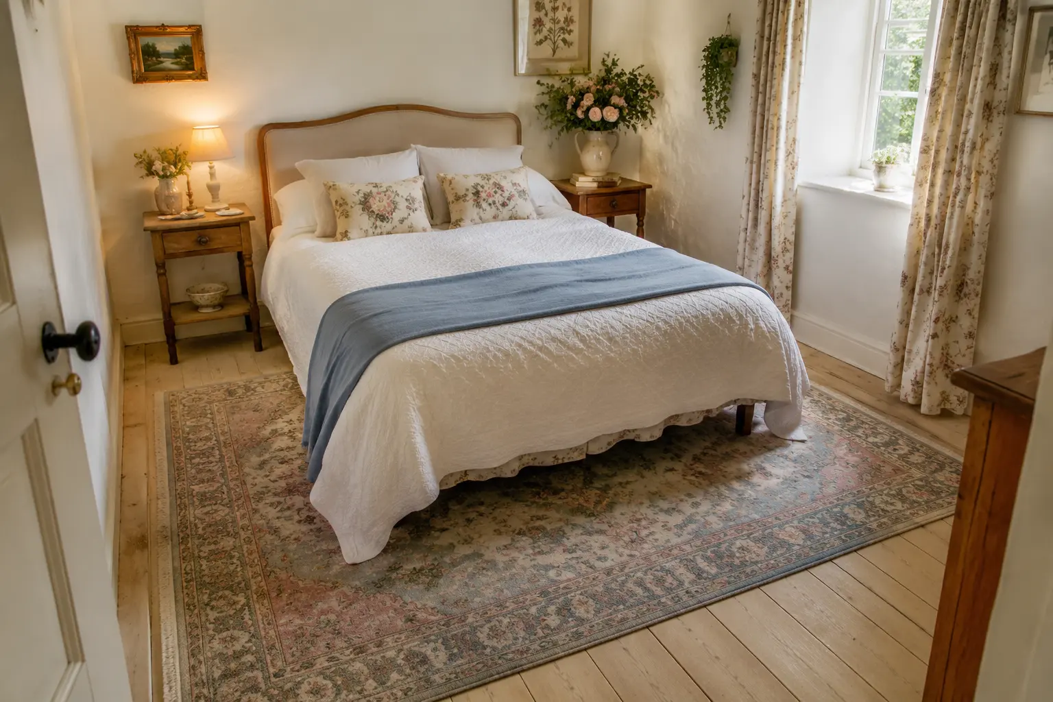Gemütliches kleines Schlafzimmer mit seitlich sichtbarem Teppich unter dem Bett