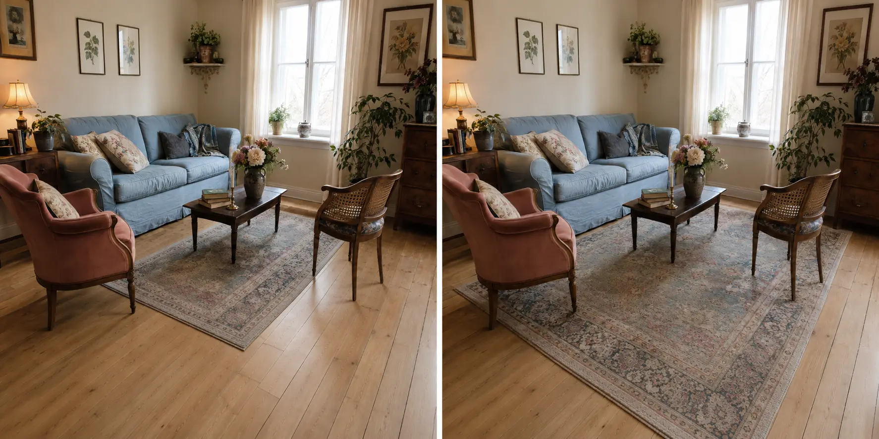 Vergleich eines zu kleinen und eines passend proportionierten Teppichs im selben Wohnzimmer