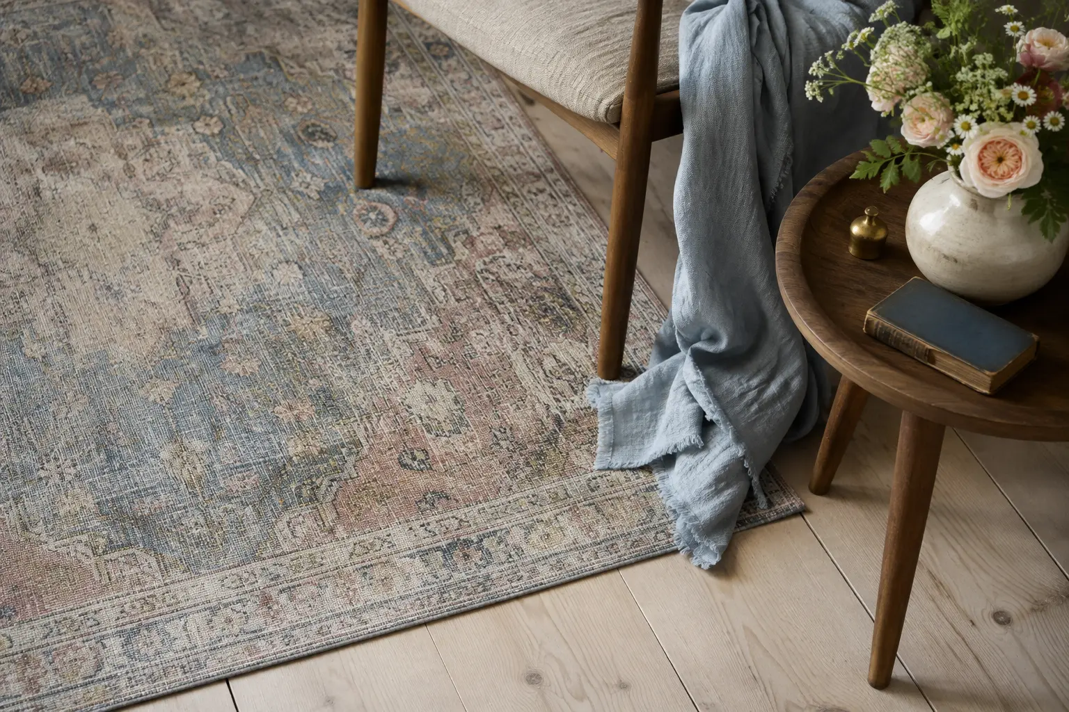 Gemusterter Vintage-Teppich in gedeckten Farben neben Holz und natürlichen Textilien